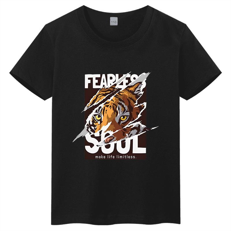 2026 Fearless Tiger American Street Style Printed Children's T-shirt Pure Cotton Children's Short Sleeve Casual Top
