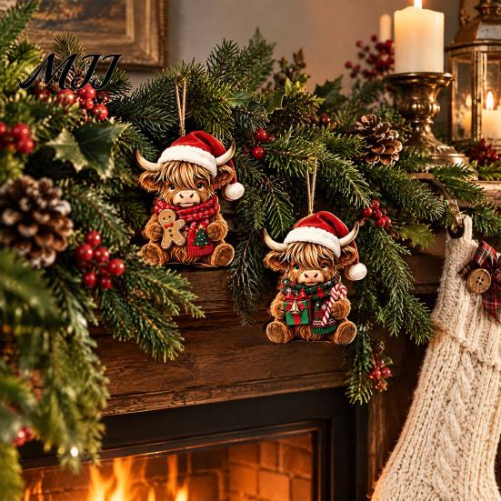 Flat Wood Xmas Decorations Highland Cow Christmas Ornament Set, 2D Wooden Cute Gift Items Hanging Decor with String, Holiday Tree Party Decoration