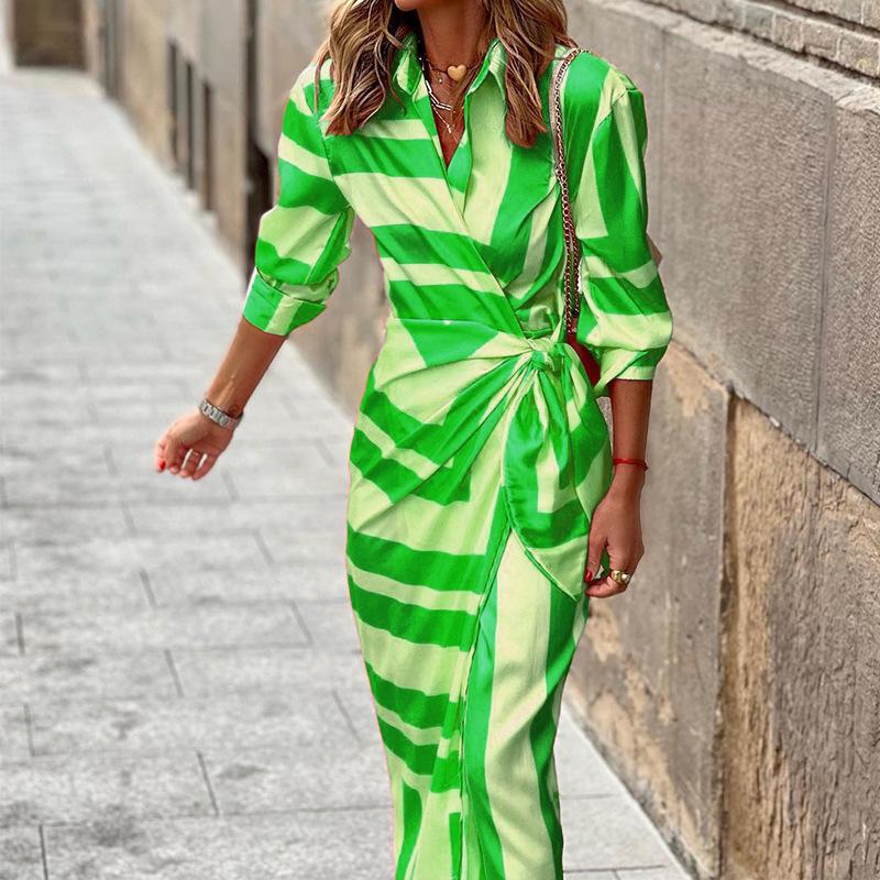 

2026 V-neck Long Sleeve Printed Cardigan Dress with Tie Waist Medium