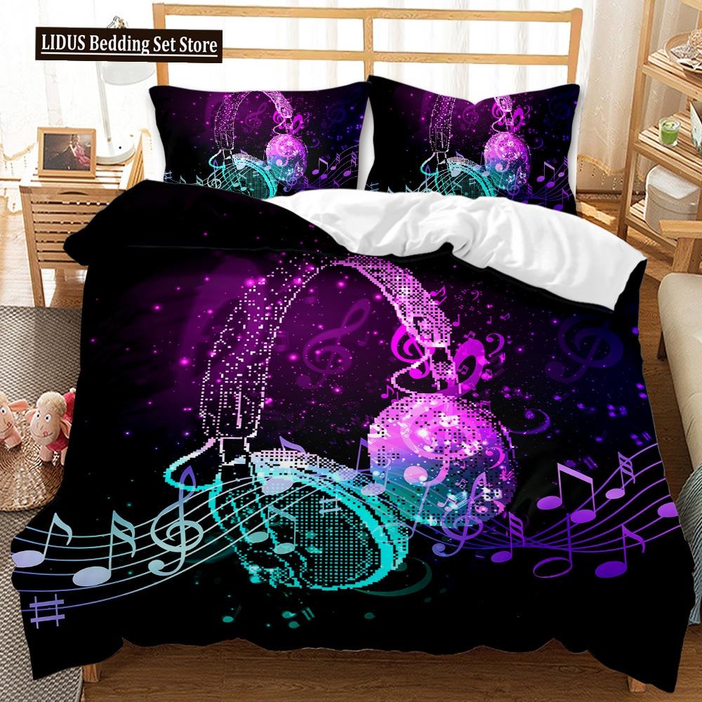 Headphones Duvet Cover Set Rock Music Melody Note Comforter Cover Pink Headset Polyester Bedding Set For Kid Boy Girl King Size