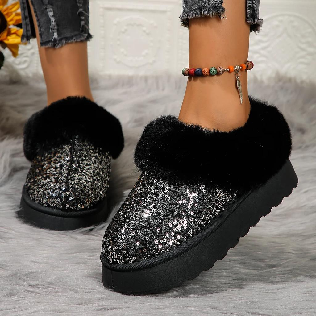 Furry Cotton Shoes Padded Warm Snow Botas Women Non-slip Comfort Home Slippers Outdoor Flat Sequins Shoes Women Platform Boots