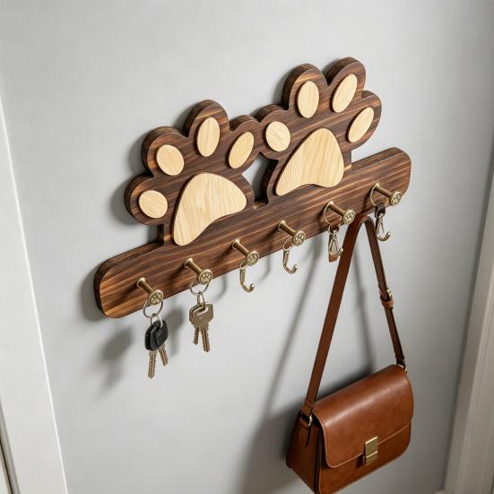 Wall Hook with Dog Paw Shape Key Holder Wood with Anti-Rust Metal Hooks Organizer for Keys Pet Leashes Scarves Small Items