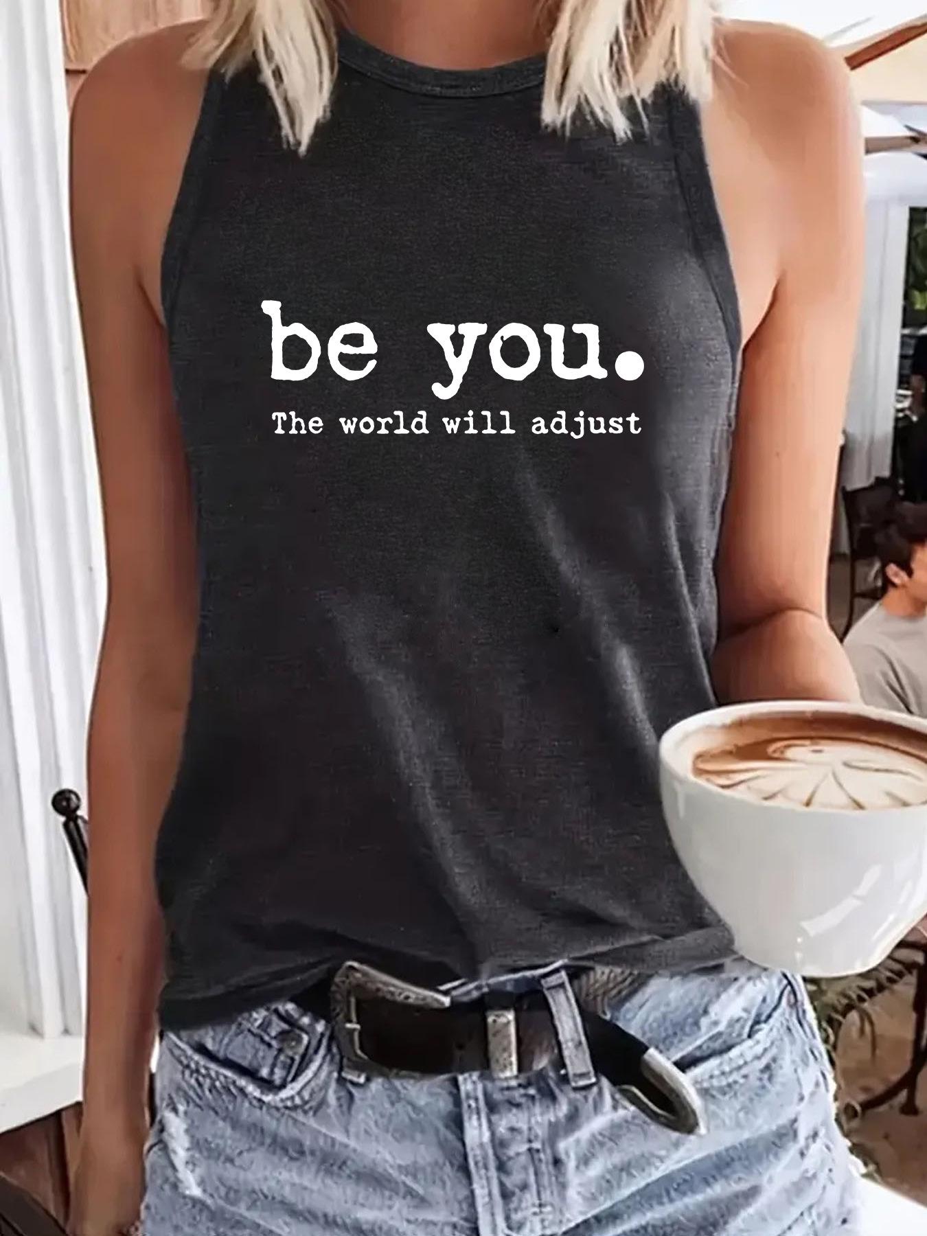 

Temu Summer Casual Sleeveless Tank Top with Be You Pattern – Comfortable Women s T-shirt S темно-серого