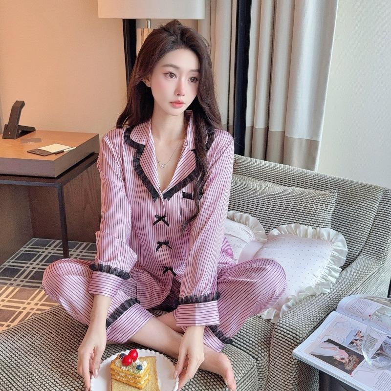1011 pajamas women's new striped ice silk long-sleeved trousers can be worn outside bow loungewear lace suit spring and autumn