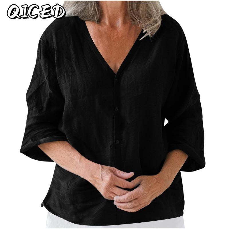 QICED Women's Fashion Casual Solid Color Print 3/4 Sleeves V Neck Blouses & Shirts