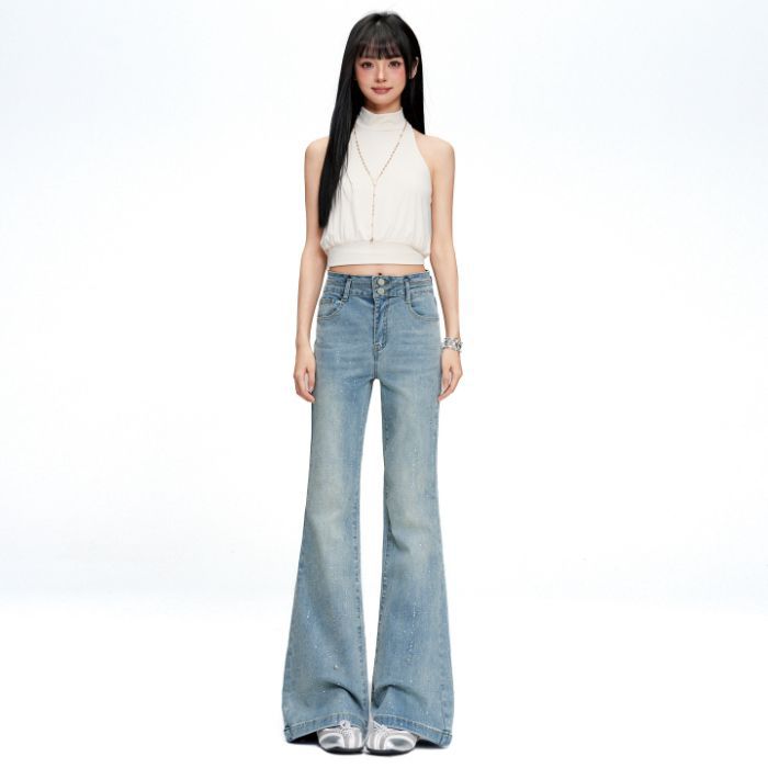 Spring Summer Light Blue Double Button High Waist Full Star Rhinestone Stretch Trendy Denim Pants Women Casual Pants Oversize Denim Trousers
