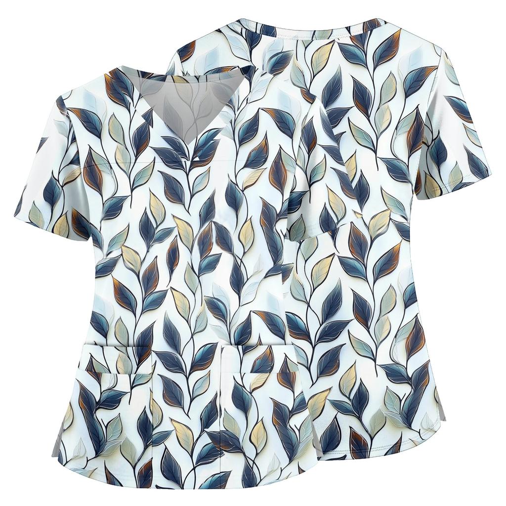Floral Print V Neck Medical Scrub Top with Pockets Side Slits Short Sleeve Nurse Uniform Shirt for Women Comfortable Fit