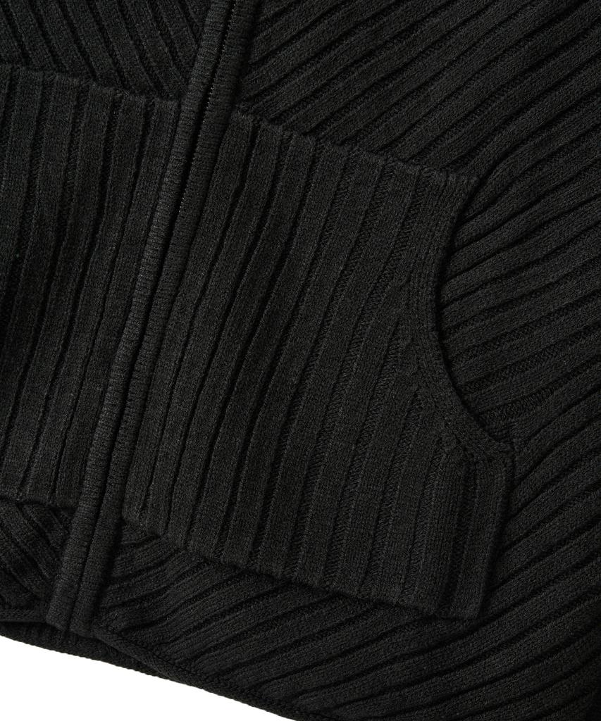 Uallong Rib Knit Hoodie Zip-Up - Black