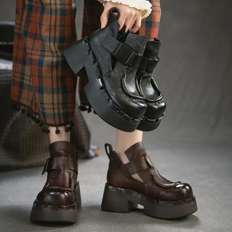 Johnature Commuter Retro Thick Soled High Heels Pumps Versatile Genuine Leather Women's Platform Shoes