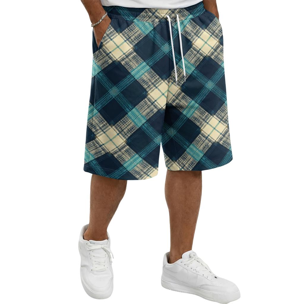 Mens Plaid Drawstring Waist Casual Shorts Relaxed Fit Knee Length Soft Fabric Lightweight Plaid Shorts for Daily Wear