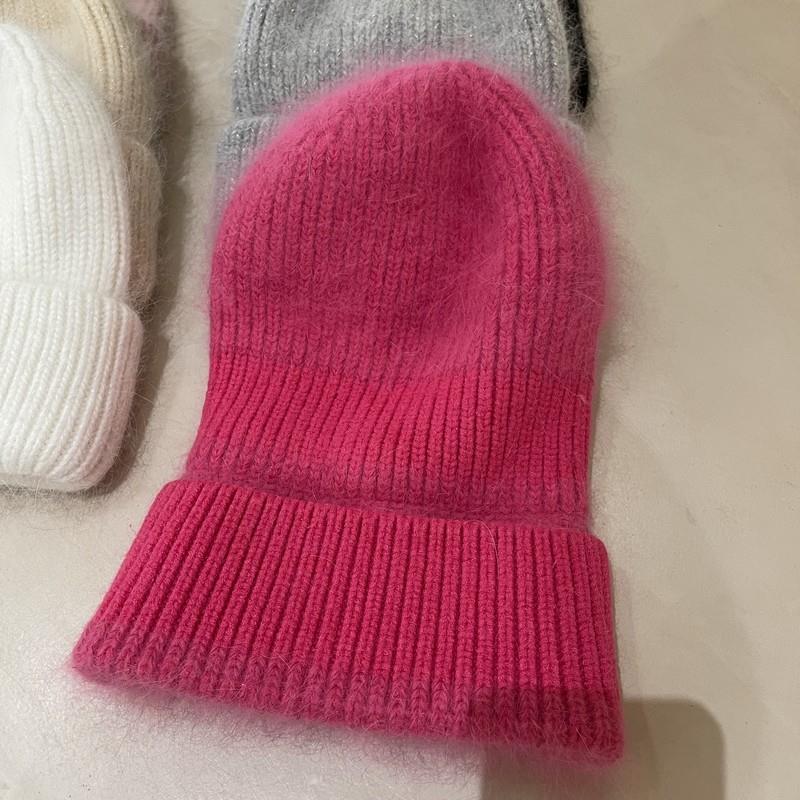 Warm Angora Rabbit Fur Hat for Women Soft Thick Female Winter Knitted Caps Fashion Wide Cuffed Plain Russia Ski Brand Beanie
