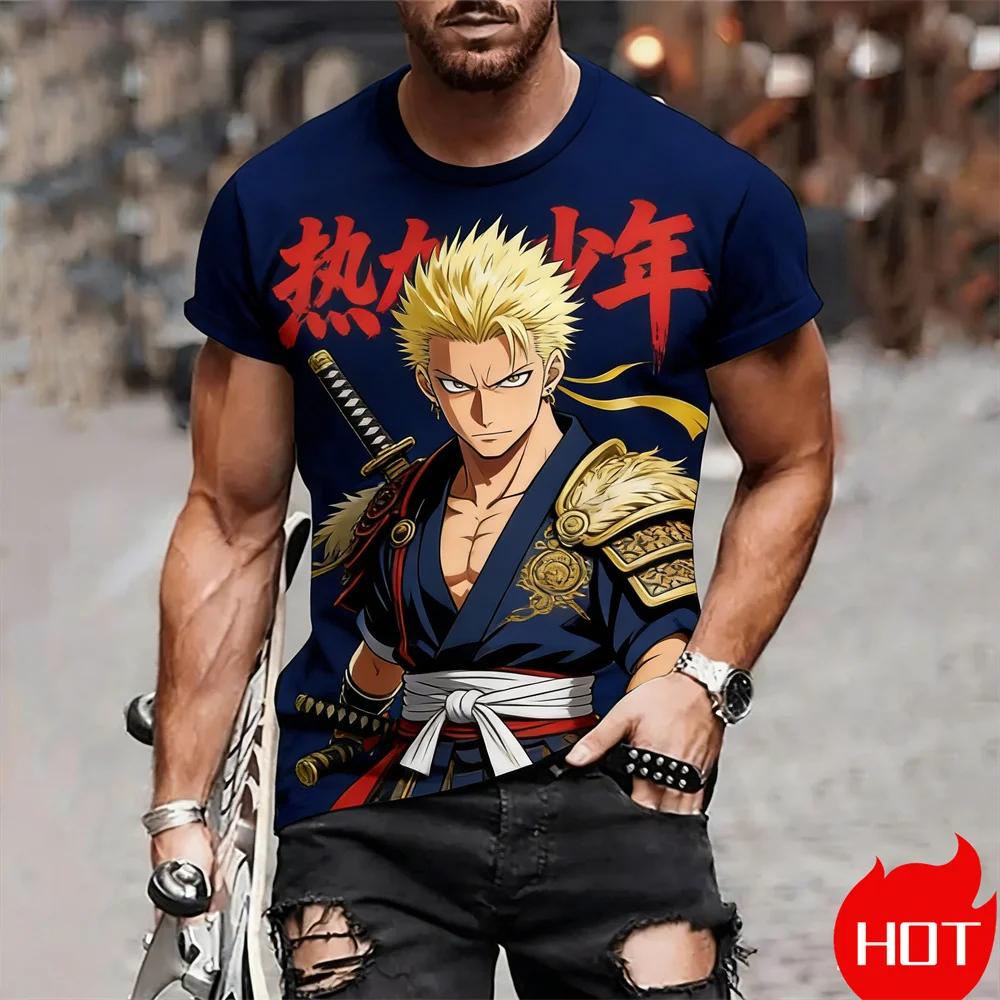 Anime Printed Men's T-shirt 3D Cool Samurai Pattern Short Sleeve Tops Daily Leisure Fashion Breathable Round Neck Pullover Tops