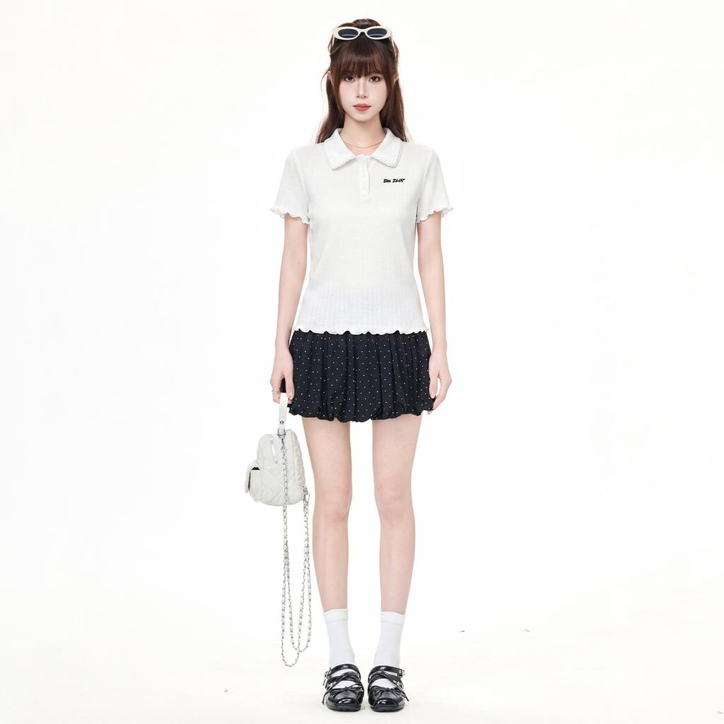 Korean White Polo Collar Letter Embroidered Short-sleeved T-shirt Summer Fungus Edge Unique Design Top Women