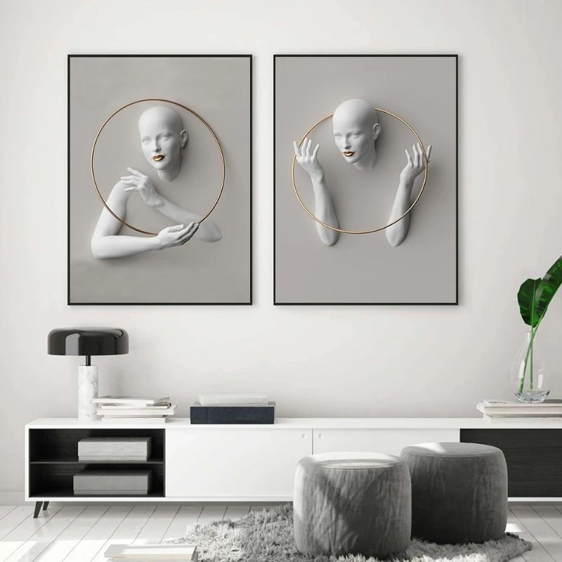 Nordic Figure Statue Art Canvas Painting Abstract Women Portrait Art Poster and Print Wall Pictures for Modern Living Room Decor