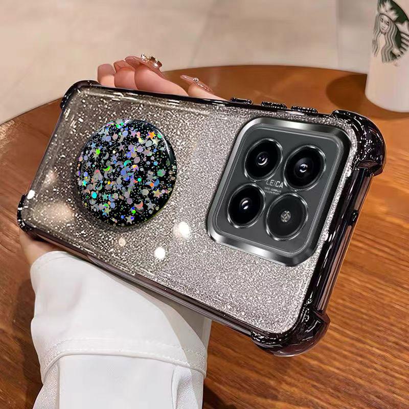 Luxury Shockproof Glitter Holder For Silicone Ring 14TPro Case For Xiaomi 14T 14 Ultra 13 12 Pro With Holder Stand Cover
