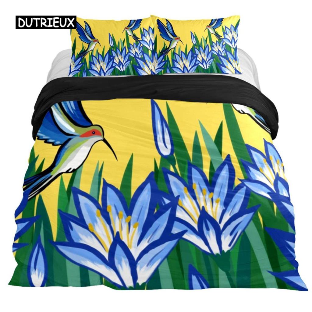 Hummingbirds Bedspread Cover Kit Tropical Flowers Nature Blooms Bed Cover Kit Tropical Birds Theme Queen Dimension Size 2/3 Pcs Comforter Cover