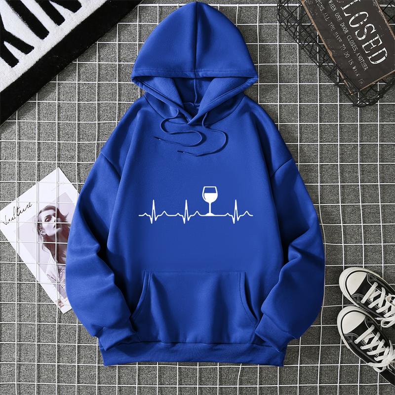 Wine Heartbeat Print Hoodie Sweatshirts Women Long Sleeve O Neck Loose Hoodies Ladies Pullovers Warm Pocket Hooded Jacket