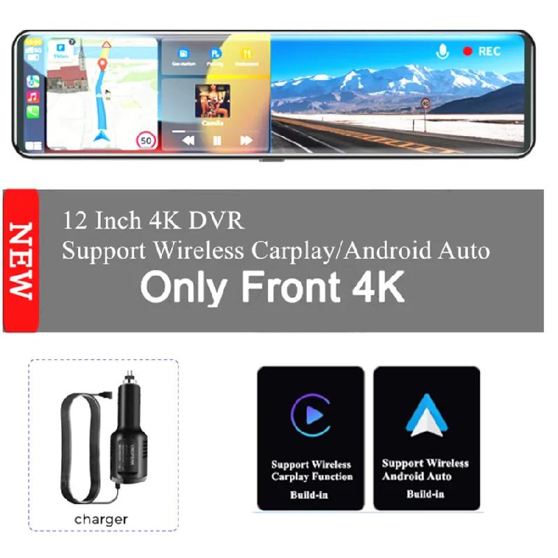 

12 Ips Touch Screen 4K Front Camera Dash Cam - Supports Wireless Carplay/Android Auto With G-Sensor & Fm Transmitter