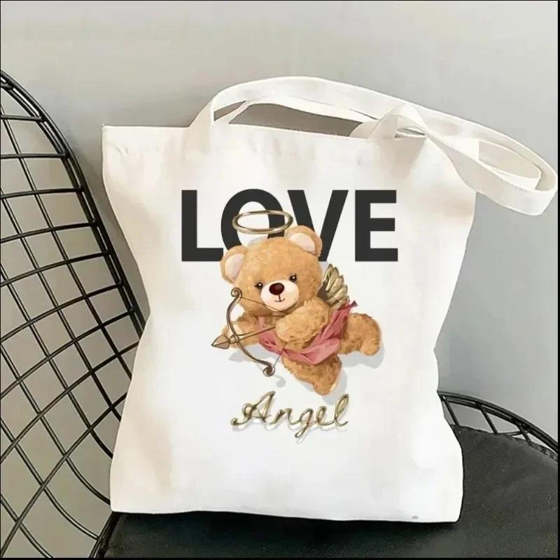 Harajuku Cute Bear Art Shoulder Bags Kawaii Tote Handbag Canvas Girl Environmental Large Capacity Portable Shopping Bag