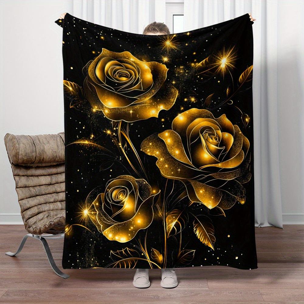Golden rose black background glitter stars flannel blanket elegant luxury bedding cover decorative throw blanket for decoration