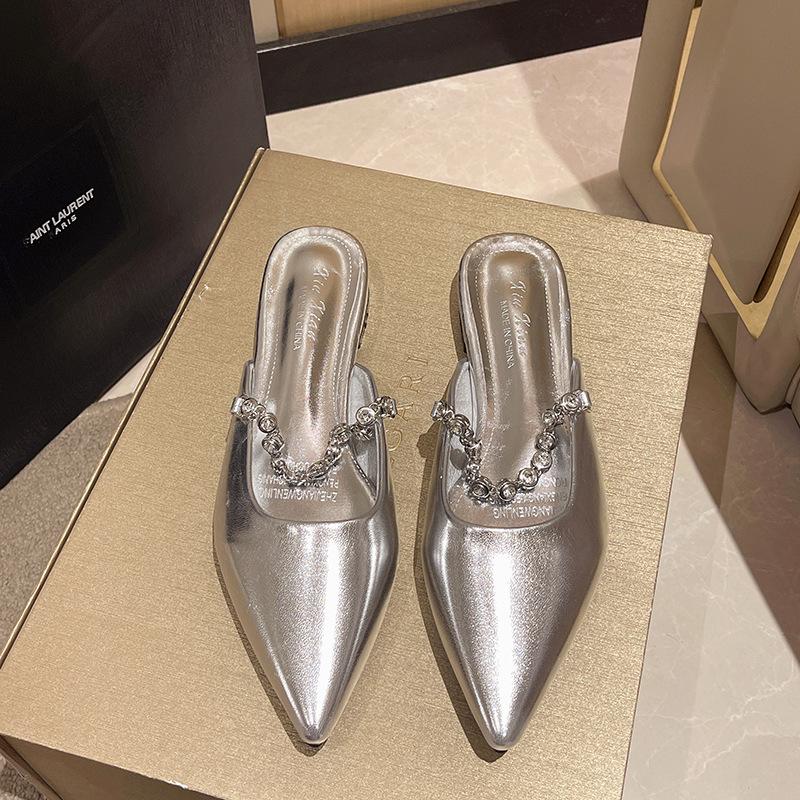 French temperament silver rhinestone bag head half slippers women's shoes wear 2025 new summer low heel half support single shoes