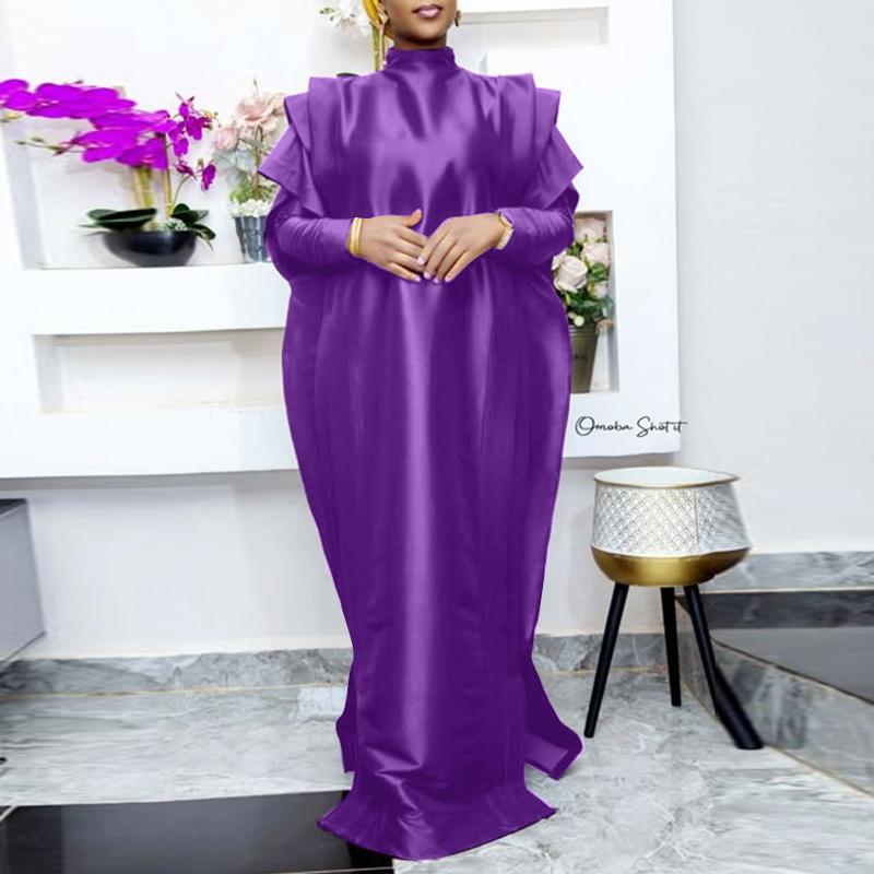 

VONDA Women Plus Size Stand Collar Layered Long Sleeve Solid Color Satin Dresses 4XL фиолетовый
