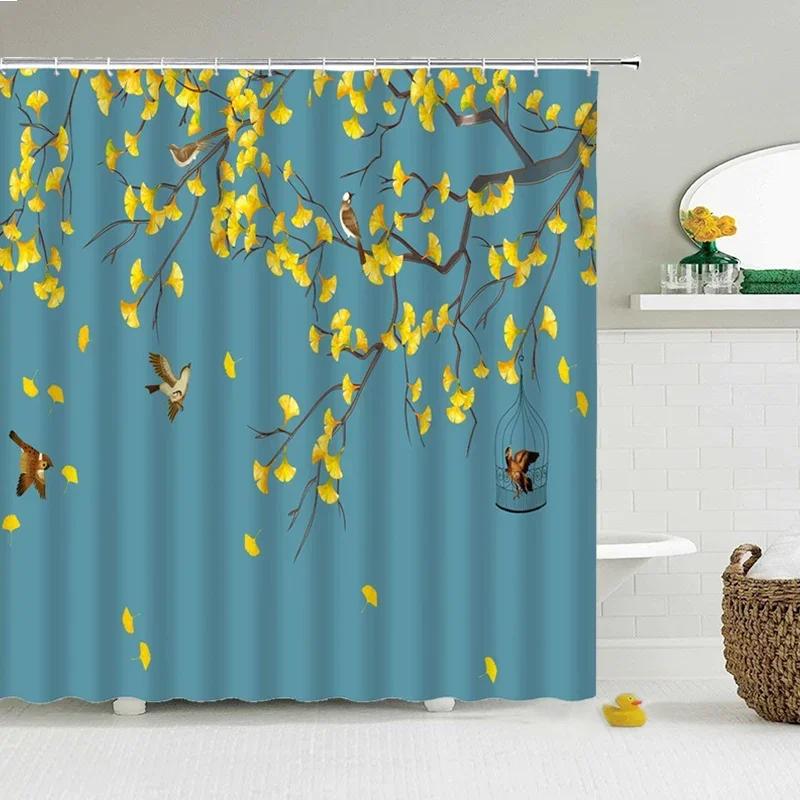 Duschvorhänge im chinesischen Stil mit Blumen und Vögeln, wasserdicht, Badezimmervorhang aus 3D-bedrucktem Stoff mit Haken, Dekoration, Duschvorhang