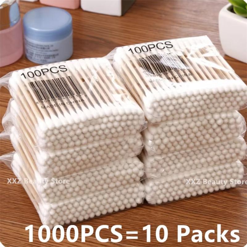 100/1000pcs Unscented Cotton Swabs, Double-Headed, Wooden Stick, Makeup Removal & Cleaning Ear Cotton Swabs