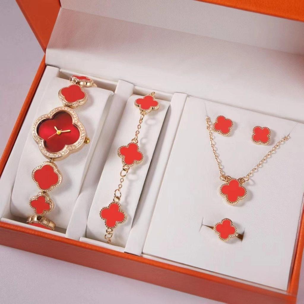 Women Quartz Watch Necklace Ring Jewelry Gift Set Watches Gift Set with Ruby Earrings for Wedding and Party Gift Set