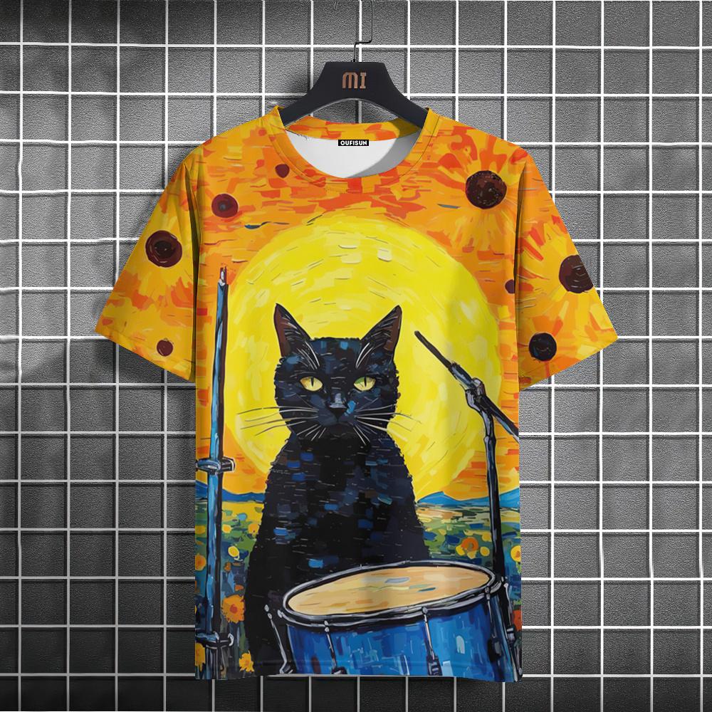 Oil Painting Cat Pattern T-shirt Short-sleeved Top
