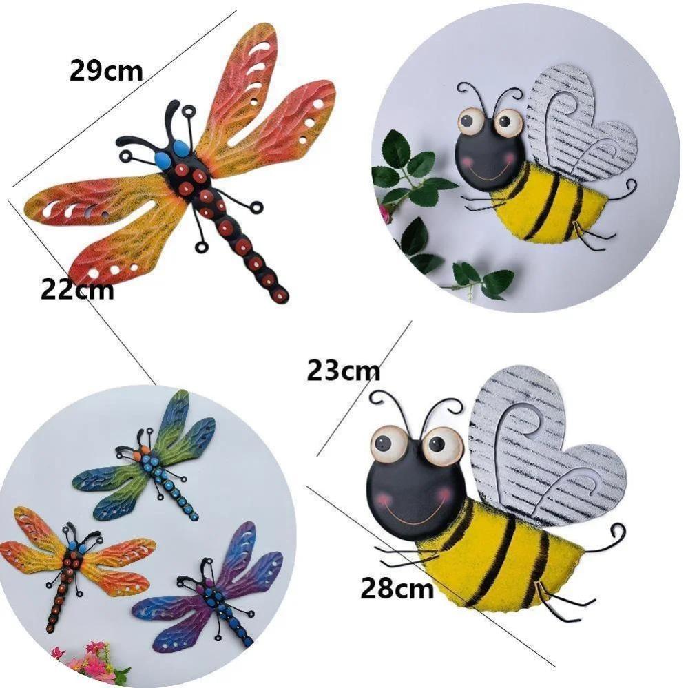 1 Pcs Outdoor Dragonfly Bee Decoration Colorful 3d Iron Wall Hanging Art Sculpture Garden Supplies Garden Statues Sculptures