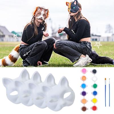 Cat Masque DIY Set White Paper Cat Masque with Eye Mesh Faux Fur Unfinished Cat Masque for Kids Adults DIY Painting