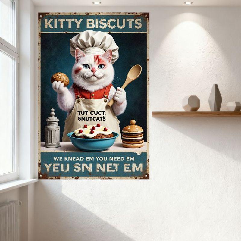 Vintage White Chef Cat with Blue Eyes Metal Tin Sign - KITTY BISCUITS Weathered Rusty Poster for Home Bar Café Restaurant Decor