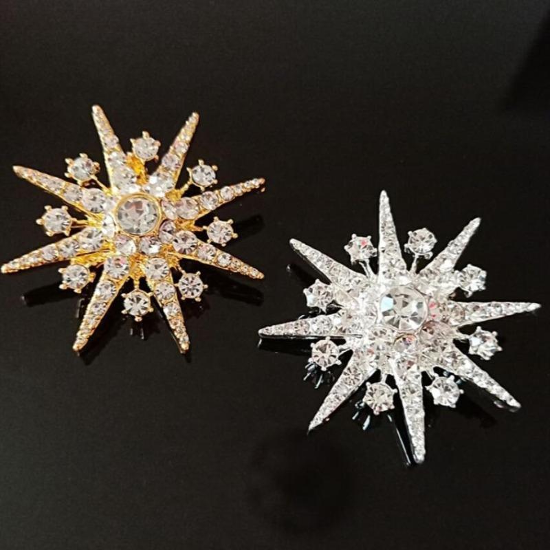 Fashionable North Star Snowflake Zircon Brooch, Women's Anti-Exposed Pin, Fixed Clothes Metal Buttons, Wedding Party Gifts