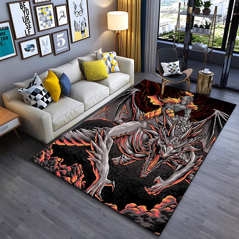 Fire Dragon and Knight Battle Design Carpet, Black and Red Theme Suitable for use as an anti-slip for living room bedroom sofas