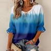 Women's Fashion Round Neck Tie Gradient Print Ruffle Three-Quarter Sleeve Blouse