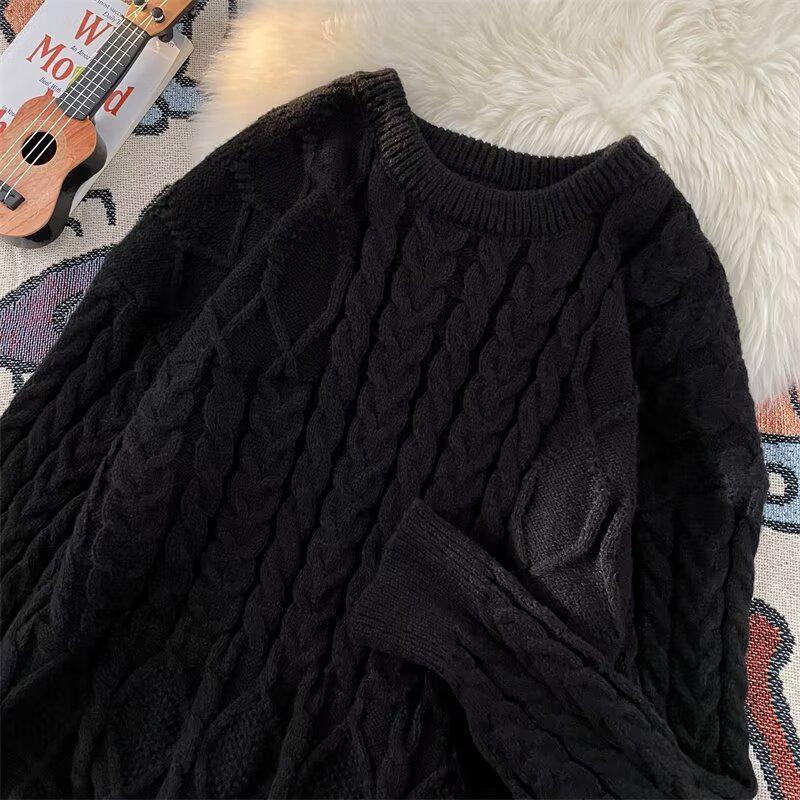 Men's White Cable Knit Sweater, Thick Loose Fit, Round Neck, Autumn/Winter, American Fashion Brand