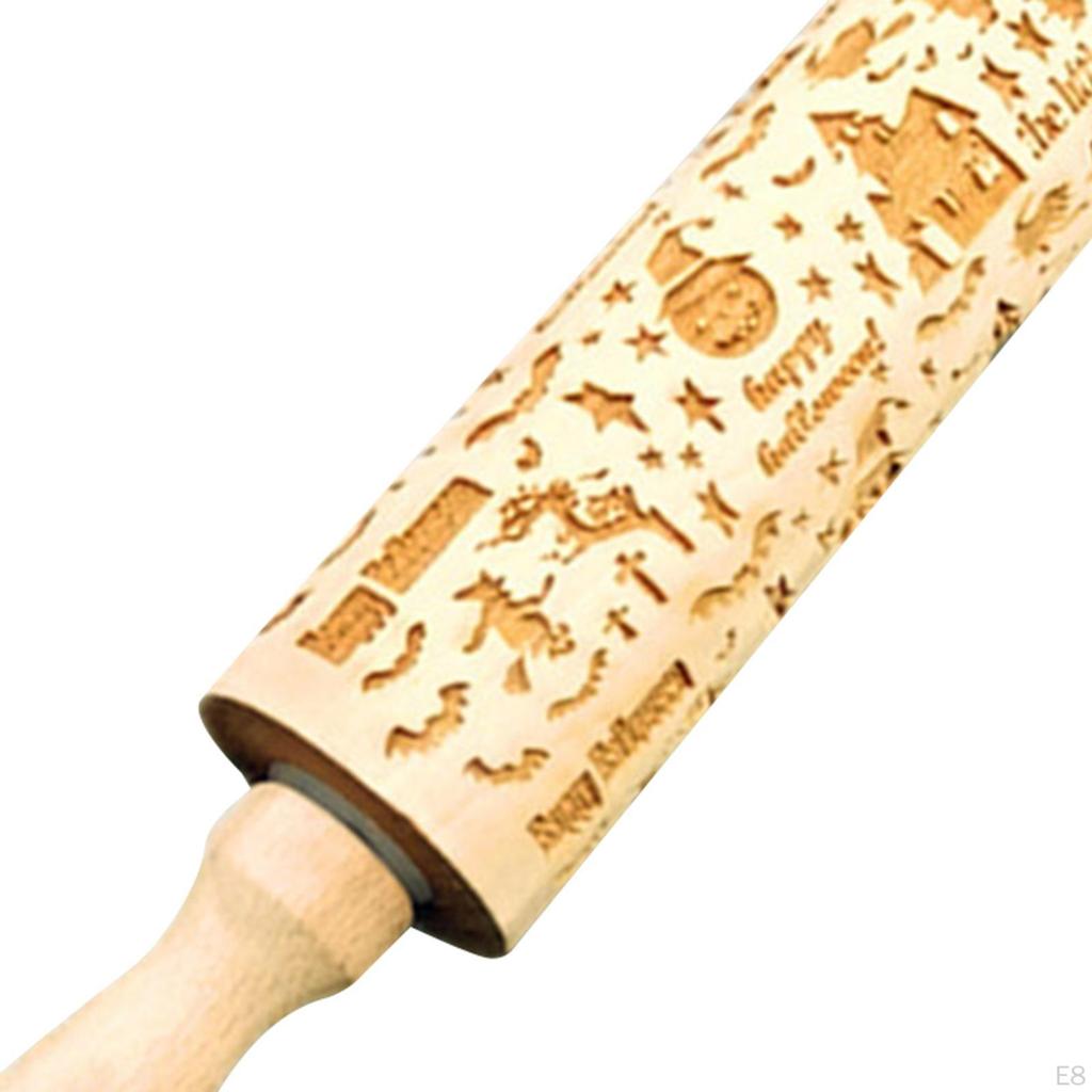 Tłoczony wałek drewniany do ciasteczek drobno teksturowany o tematyce świątecznej Halloween