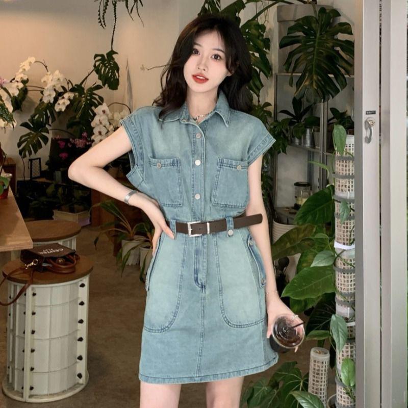 Women's 2026 Hong Kong Style Sleeveless Denim Dress - Slimming Waist Summer Fashion
