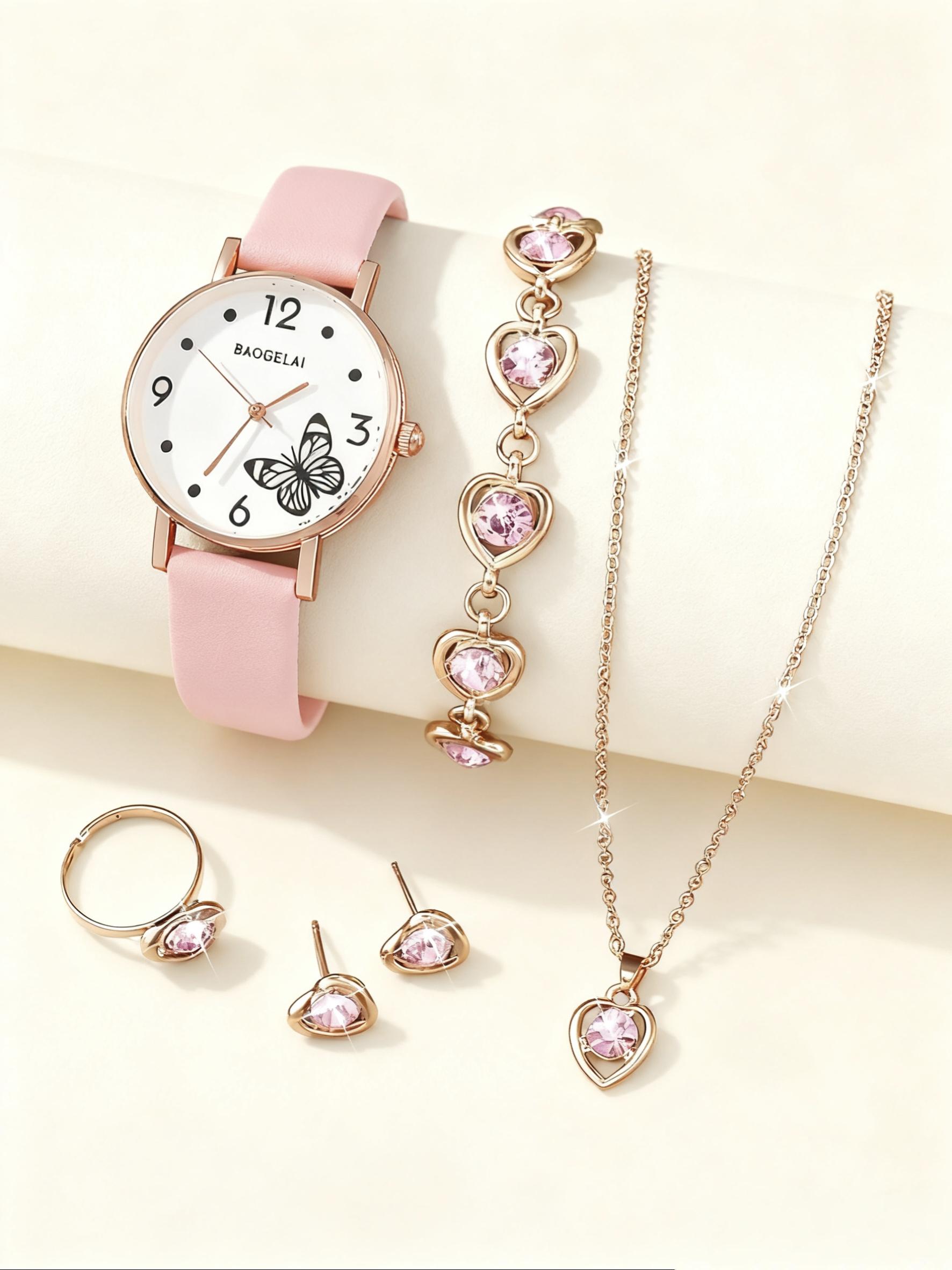 

Fashion simple butterfly women s quartz watch love gem jewelry 6 piece set, suitable for daily wear, Thanksgiving, Christmas gif розовый