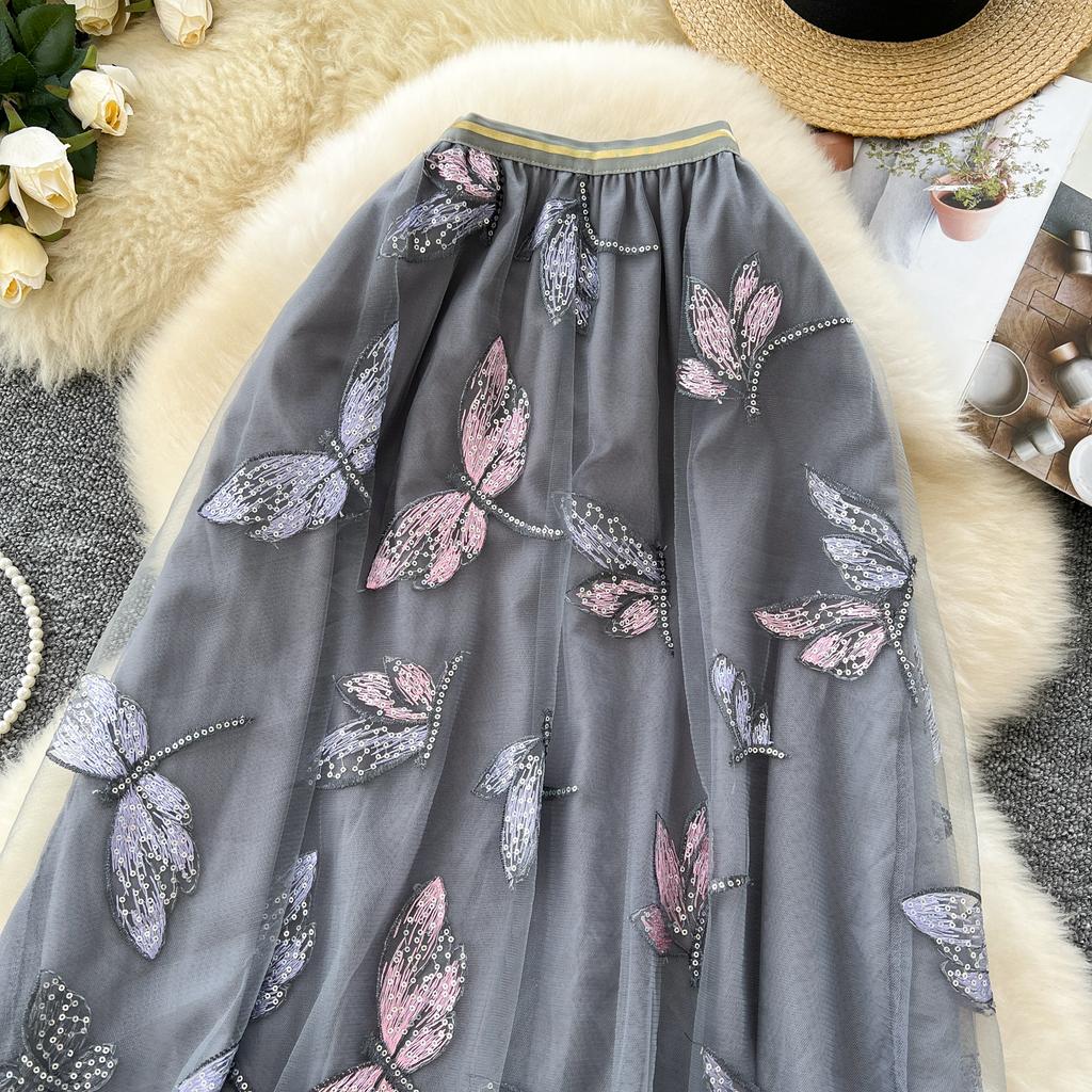 Letní dámská flitrovaná vyšívaná síťovaná sukně s vážkami