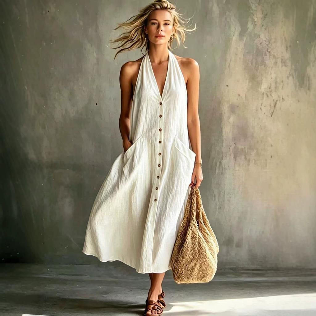 Neue Damenbekleidung Europäischer und Amerikanischer Stil V-Ausschnitt Kleid Damen Sommer Einreiher Ärmellos Locker Schwingend Langes Kleid Damen Sommer