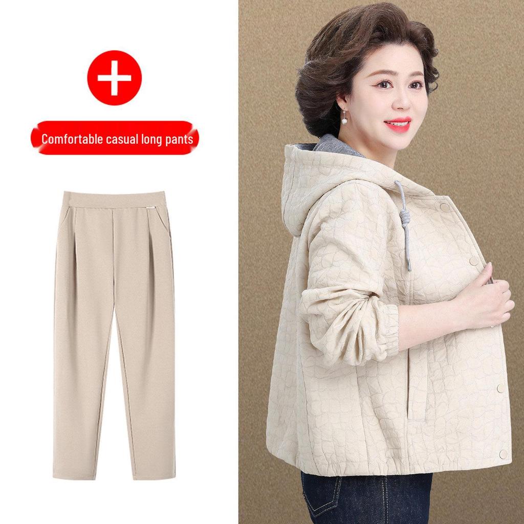 Spring Hooded Jacket & Wide-Leg Pants Set for Stylish Middle-Aged Women