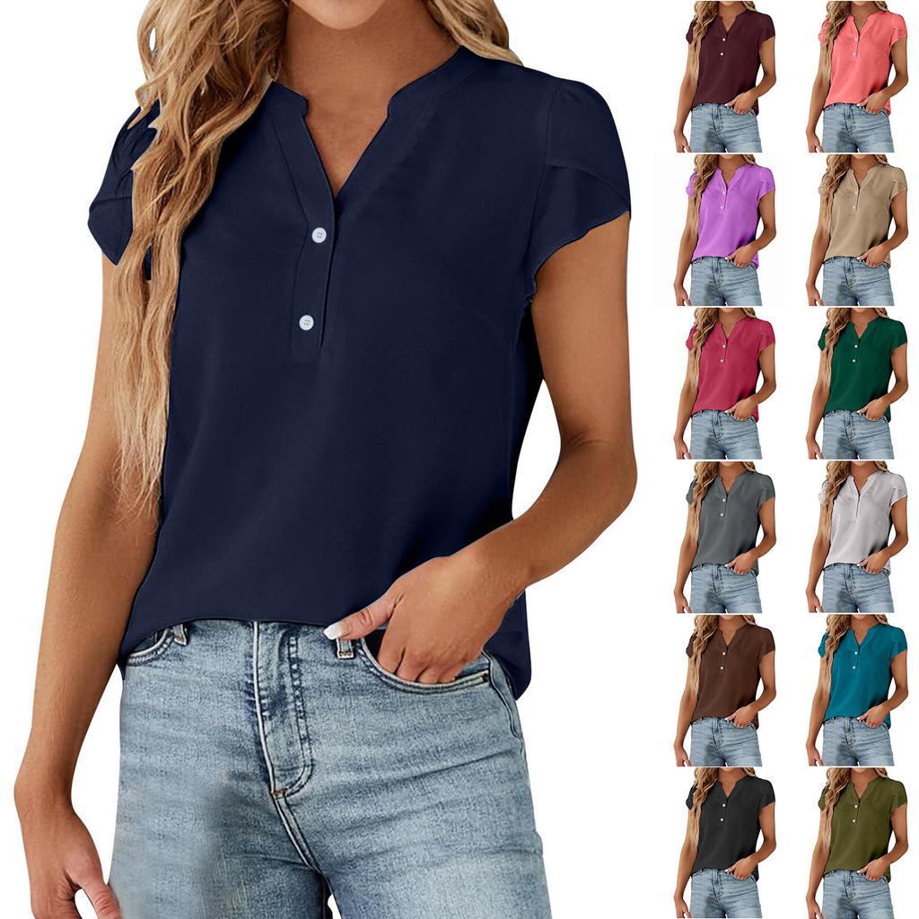 Moteriški mados kasdieniai vintažiniai V formos iškirptės trumpomis rankovėmis dekoratyvinėmis sagomis marškinėliai viršus