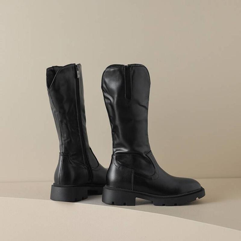 Autumn and Winter Round Head Medium Heel Large Size Fashion Boots Women's Square Heel Solid Color Side Zipper Thick Bottom Non-slip New Round H