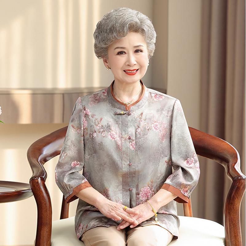 

Elegant Summer Chinese Style Shirt for Middle-aged and Elderly Women XL (100-115 jin)