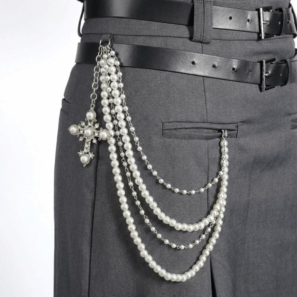 Punk Rock Cross-shaped Pearl Waist Chains Metal Pendant Pant Chain Waist Chain  For Women Man