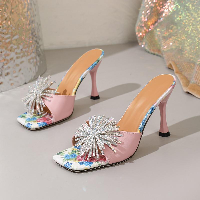 

Eilyken CRYSTAL Diamond Square Toe Women Slippers Summer Sexy Printing Thin High Heels Shoes Fashion Banquet Pumps 35 рожевий
