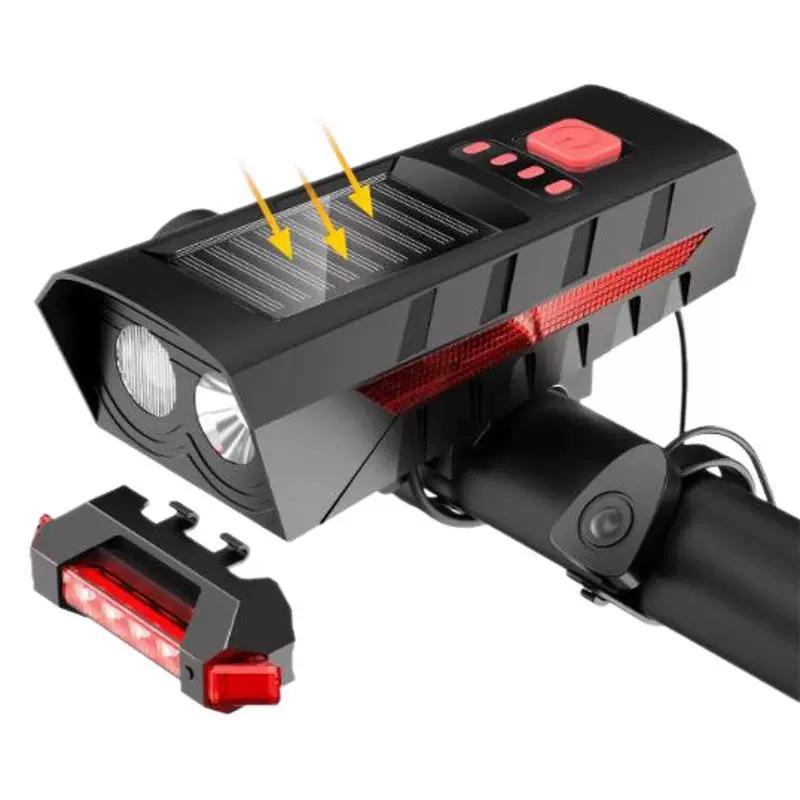 

Luz delantera para bicicleta con carga solar y USB, linterna LED multifuncional para ciclismo nocturno