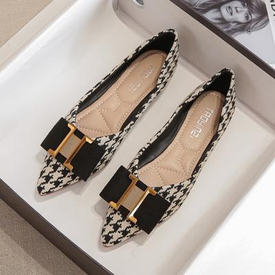 Women Flat Shoes Girl Fashion Houndstooth Pointed Toe Boat Shoes Girl Beautiful Slip-on Loafers